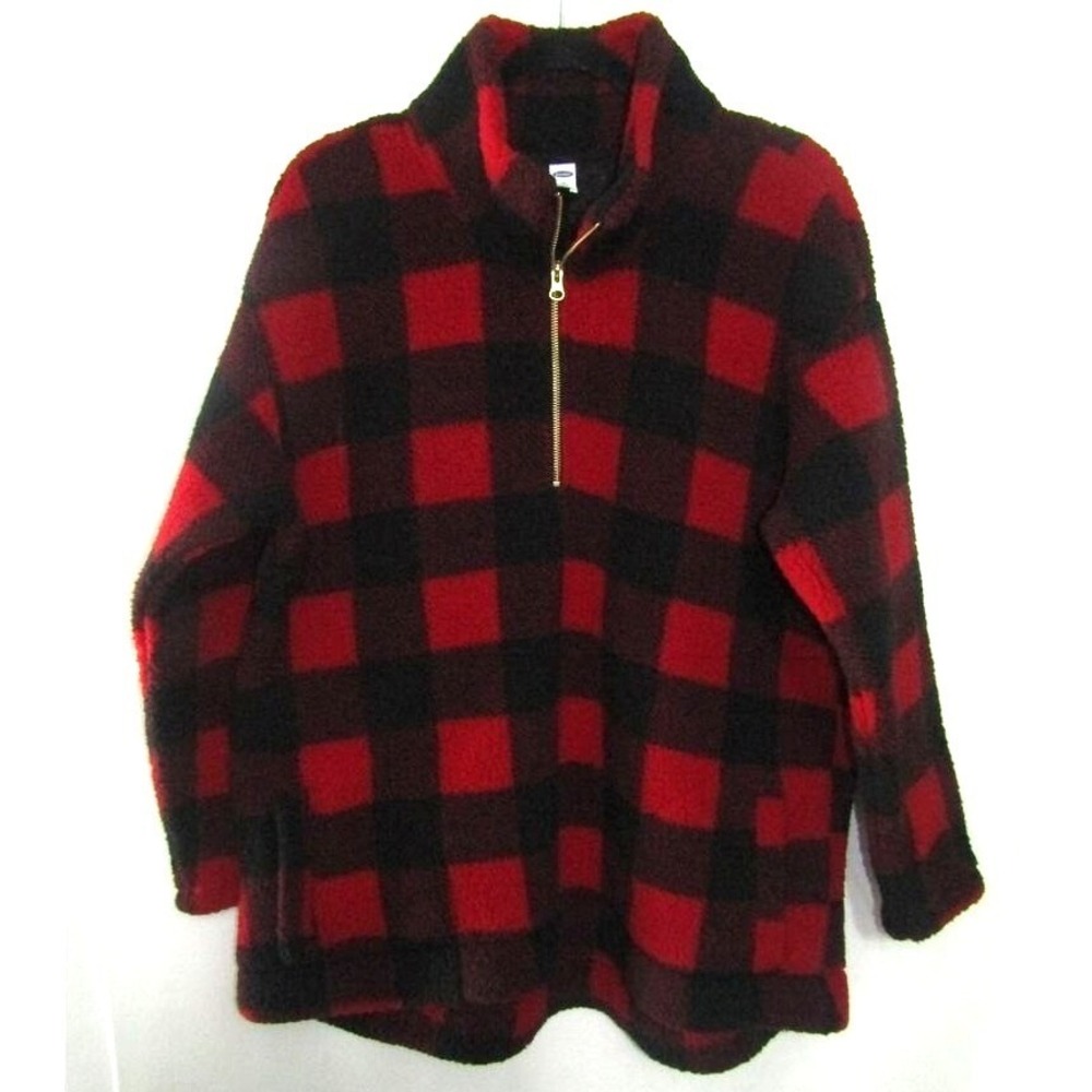 Old Navy 1X Plus Buffalo Plaid Red Black Sherpa Fleece Quarter Zip Jacket